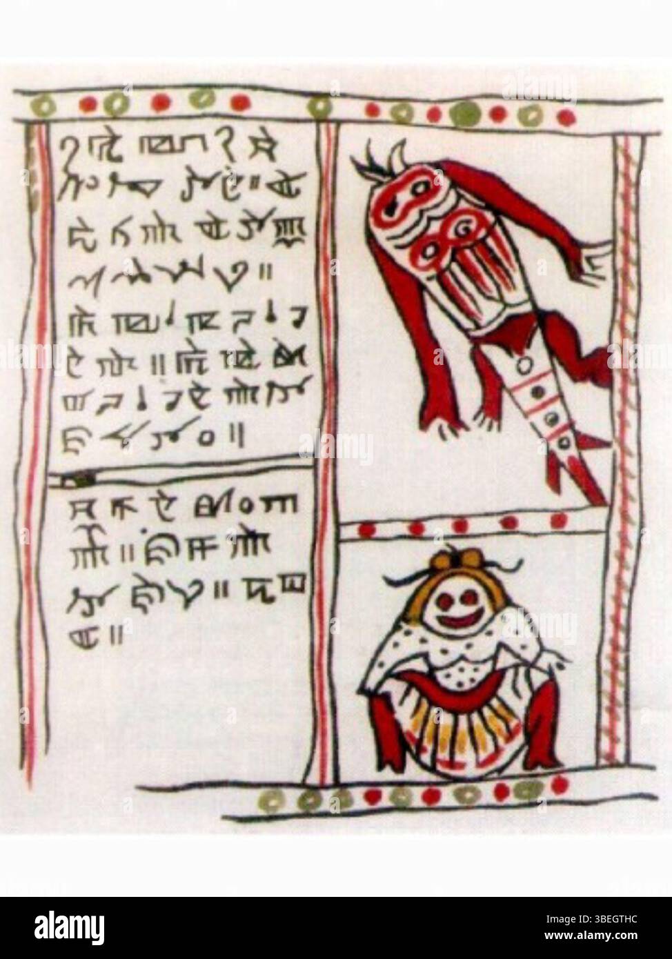 Die Subika-Handschrift aus der Meitei-Sprachtradition des 18. Bis 19. Jahrhunderts enthält Abbildungen menschlicher Figuren, die in Meitei-Schrift dargestellt sind. Diese Darstellungen stellen den kulturellen und historischen Kontext der Zeit dar. Stockfoto