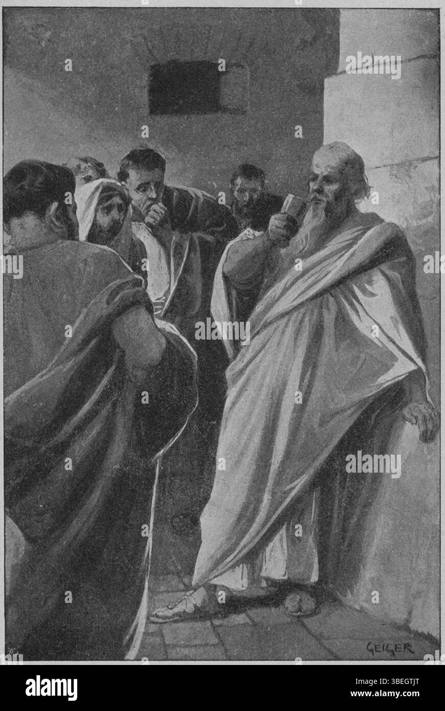 Eine Illustration von Richard Geiger von Sokrates Drinking the Poison, eine ikonische Szene aus dem Prozess und der Hinrichtung des Philosophen im antiken Griechenland, wie sie 1900 in der Ausgabe Einer világ történelme von Endrei Zalán und Fekten Károly dargestellt wird. Stockfoto