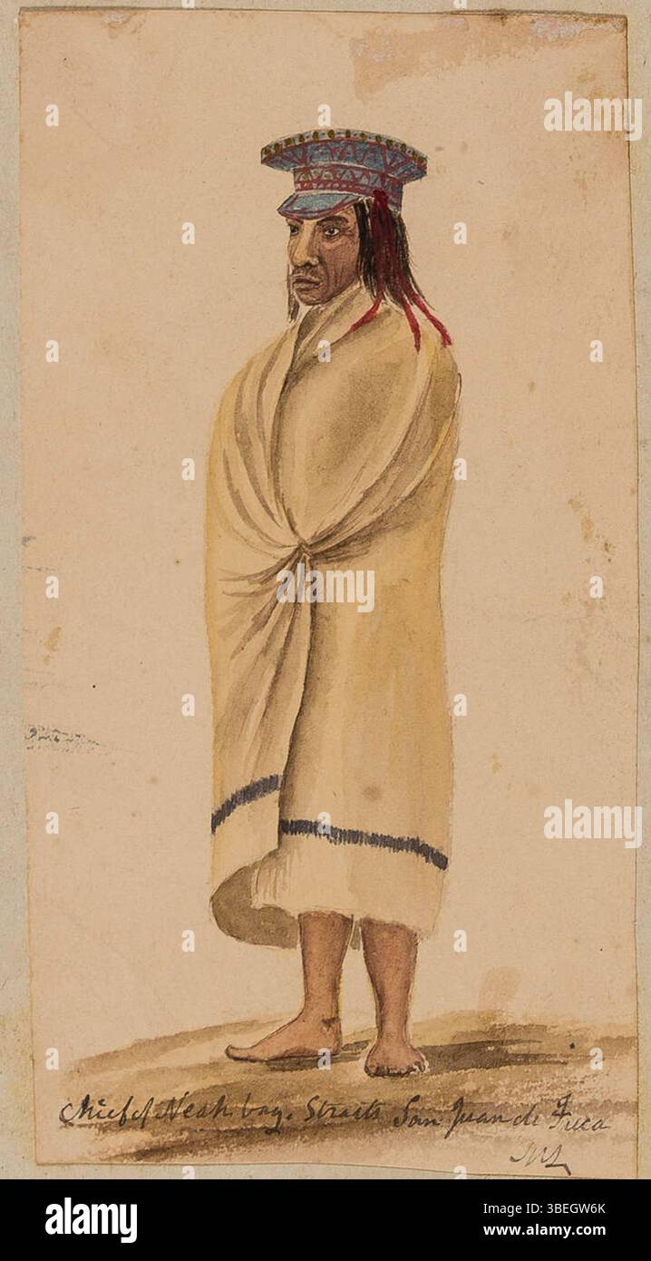 Aquarell des Häuptlings von Neah Bay, Straße von Juan de Fuca, auf Vancouver Island. Das Werk wurde 1851 von Captain Marcus Lowther geschaffen und zeigt die Führer der First Nations, darunter Chief Cheealthluc und König George. Stockfoto