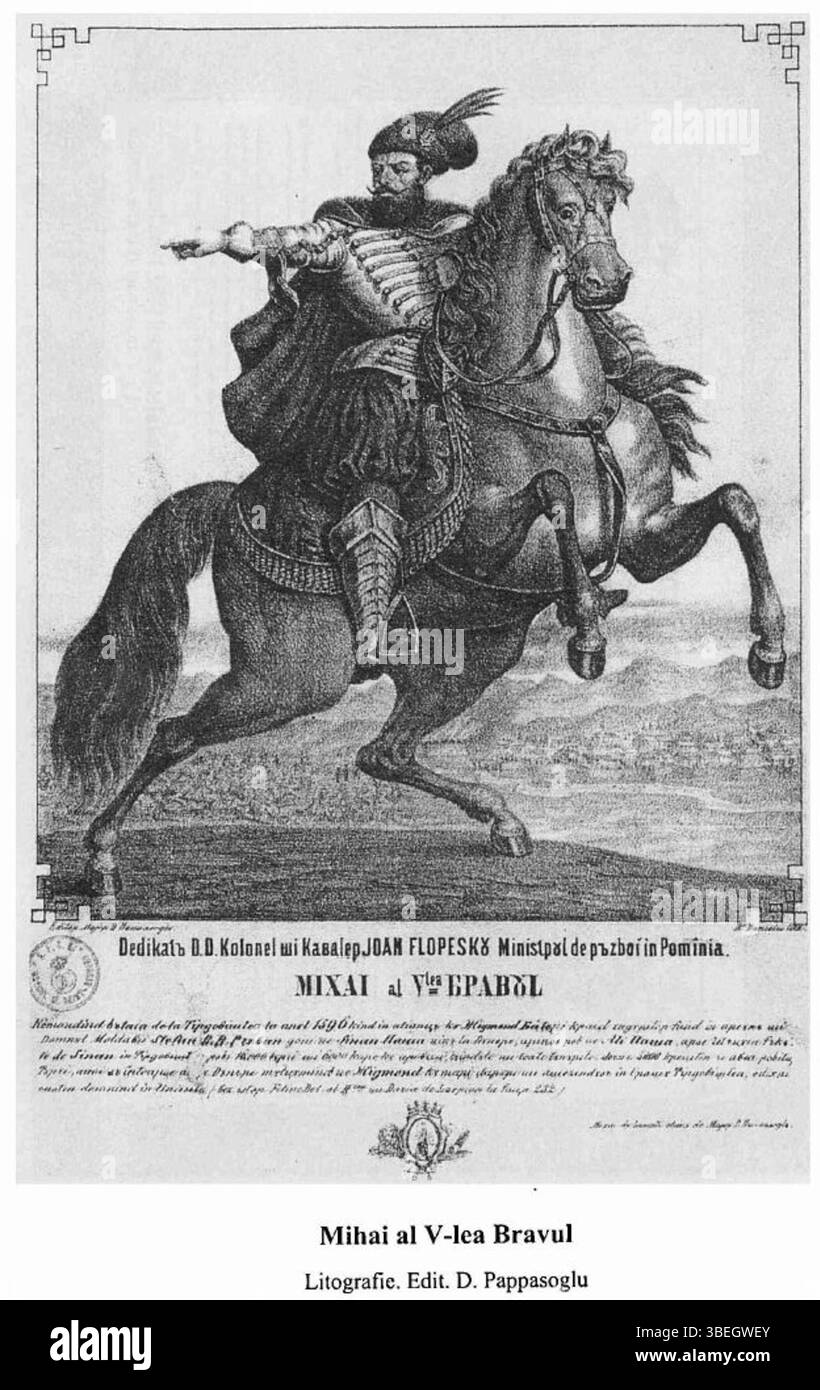 Diese Lithografie von Dimitrie Papazoglu aus dem 19. Jahrhundert zeigt Mihai den Tapferen, eine historische Figur, die in der Vergangenheit Rumäniens gefeiert wurde. Das Kunstwerk zeigt seine Bedeutung für die rumänische Geschichte und militärische Führung. Stockfoto