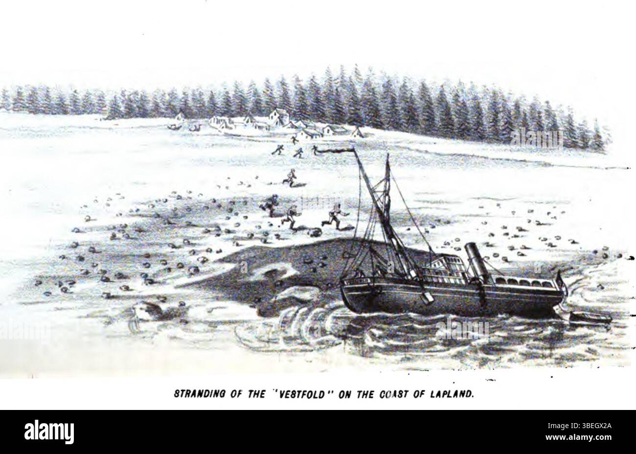 Diese Skizze von Ludvig Verner Helms, die um 1878 entstand, zeigt das Schiff „Vestfold“, das vor der Südküste Lapplands gestrandet ist. Das Ereignis ereignete sich während Helms' Erkundung verlassener Minen im Weißen Meer. Stockfoto