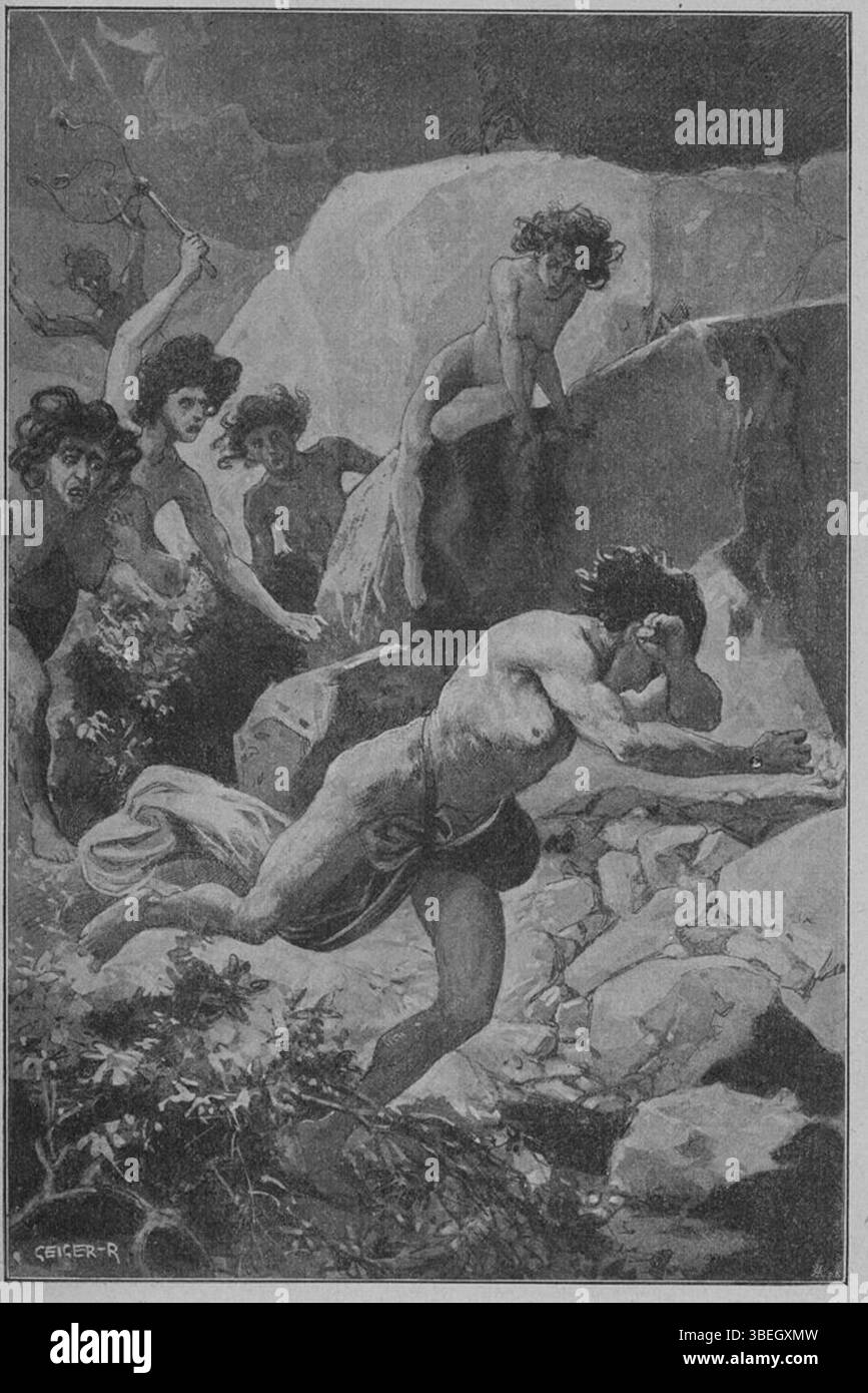 Diese Illustration von Richard Geiger aus dem Jahr 1900 zeigt die Furien (Eumenides), die Orestes jagen, eine mächtige Szene aus der griechischen Mythologie, die göttliche Rache und Gerechtigkeit beinhaltet. Stockfoto