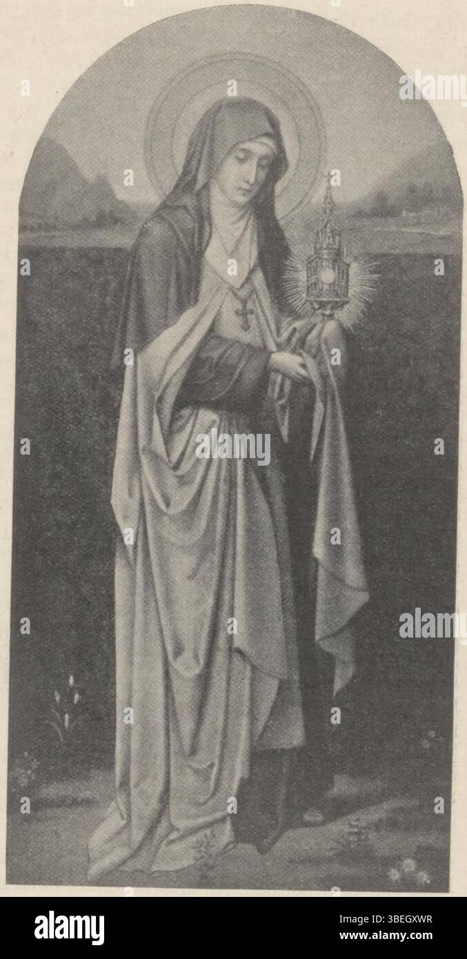 Dieses Gemälde von Albin Windhausen (1863–1946) zeigt die heilige Clara, die zwischen 1878 und 1909 entstanden ist. Das Kunstwerk dreht sich um den Festtag der Heiligen Clara, der am 12. August gefeiert wird und Windhausens religiöse und historische Schwerpunkte veranschaulicht. Stockfoto