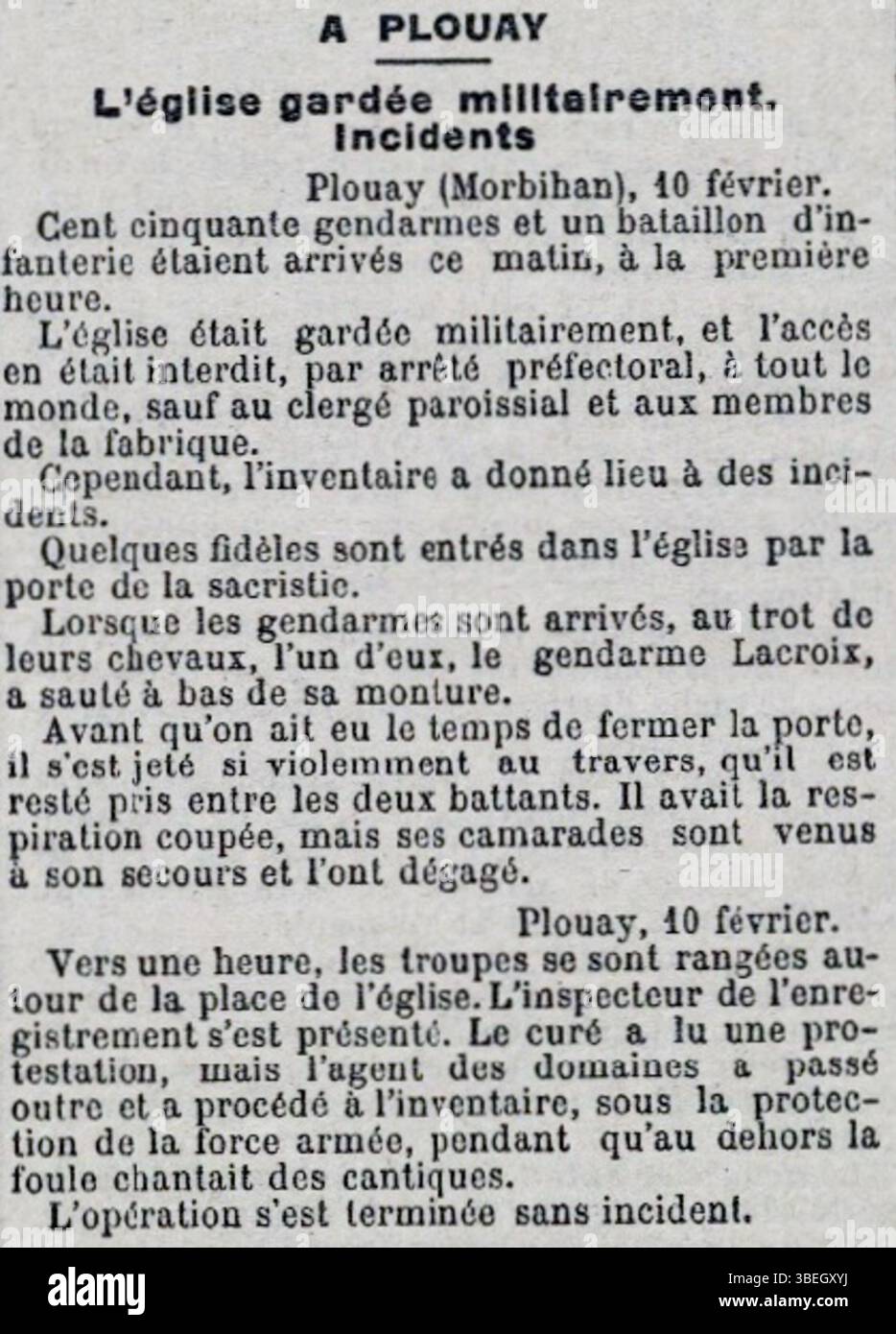 Ein artikel aus La Dépêche de Brest vom 11. Februar 1906 berichtet über die Vorfälle während der Bestandsaufnahme des Kircheneigentums in Plouay am 10. Februar 1906. Sie hebt Spannungen und Ereignisse im Zusammenhang mit dem Inventurprozess hervor. Stockfoto