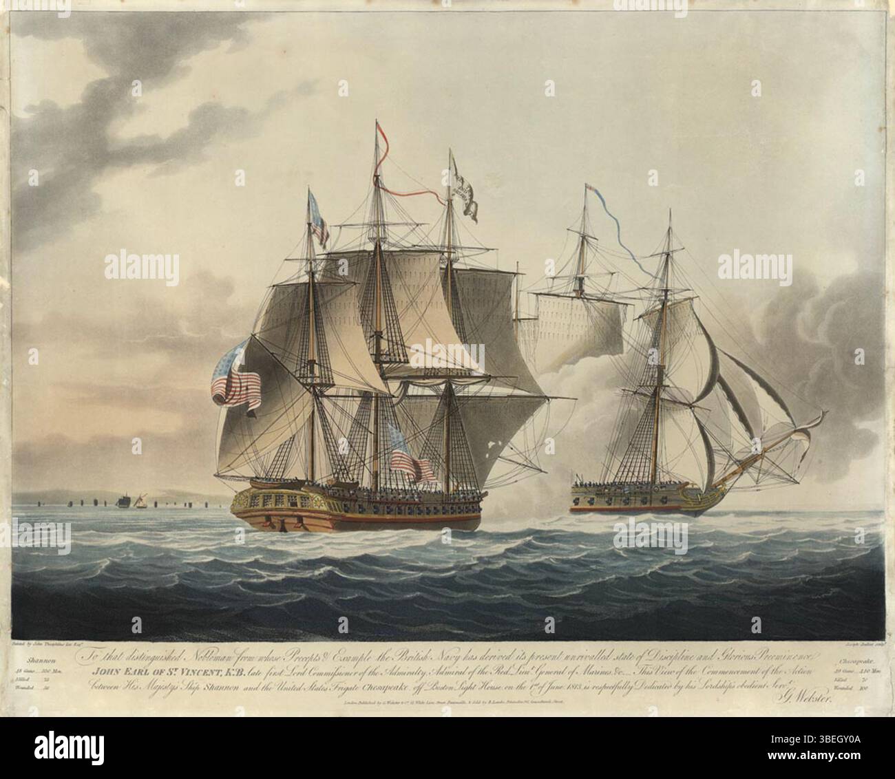 Dieser handgefärbte Aquatint zeigt den Beginn der Schlacht zwischen der britischen HMS Shannon und der US-amerikanischen USS Chesapeake am 1. Juni 1813. Das Bild, nach John Theophilus Lees Werk, wurde von G. Webster veröffentlicht und zeigt den Zusammenstoß von Boston Light. Stockfoto