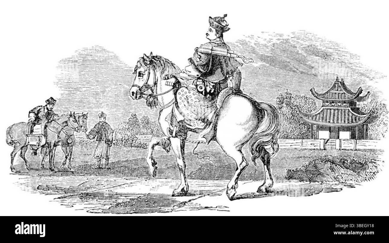 Dieses Kunstwerk zeigt einen alten Mandarin-Offizier, der auf einem Pferd durch verschiedene Königreiche reitet, um offizielle Erlasse zu erteilen. Der Stich wurde 1880 von einem unbekannten deutschen Künstler erstellt und unterstreicht die historische Rolle von Kurieren in den chinesischen Verwaltungssystemen. Stockfoto