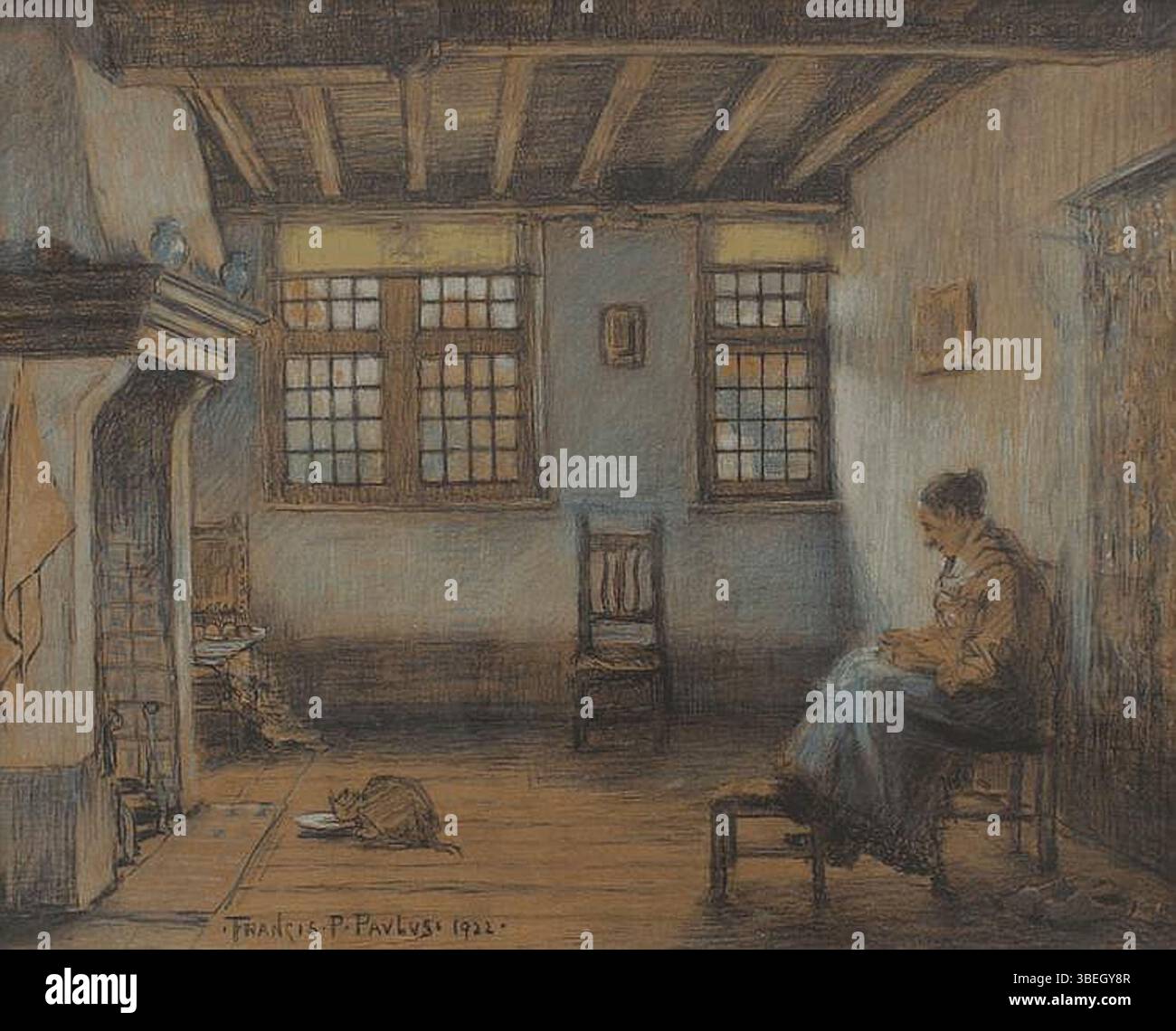 Francis Petrus Paulus zeigt 1922 eine Szene mit einer Frau, die strickt, während eine Katze aus einer Schüssel trinkt. Das Kunstwerk fängt die Ruhe und den Alltag in einer intimen, detaillierten Komposition ein. Stockfoto