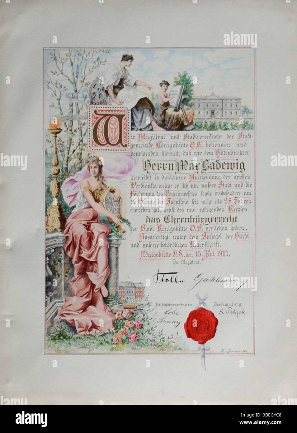 Diplom zur Bestätigung der Ehrenbürgerschaft von Max Ladewig in Königshütte (heute Chorzów, Polen) im Jahr 1901. Das von Hans Bimler unterzeichnete Dokument spiegelt die bürgerlichen Auszeichnungen wider, die namhaften Persönlichkeiten verliehen wurden. Stockfoto