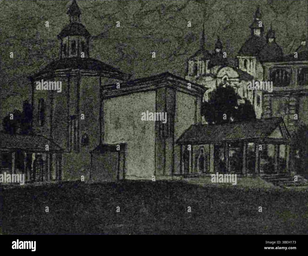 Diese Zeichnung wurde 1911 von Georgyi Lukomsky erstellt und zeigt die Kirche der Verklärung in Kozelets in der Ukraine. Die Kirche wird nach dem Wiederaufbau gezeigt, was die architektonische Gestaltung und Struktur hervorhebt. Das Werk entstand im Rahmen von Lukomskys künstlerischer Untersuchung religiöser Gebäude. Stockfoto