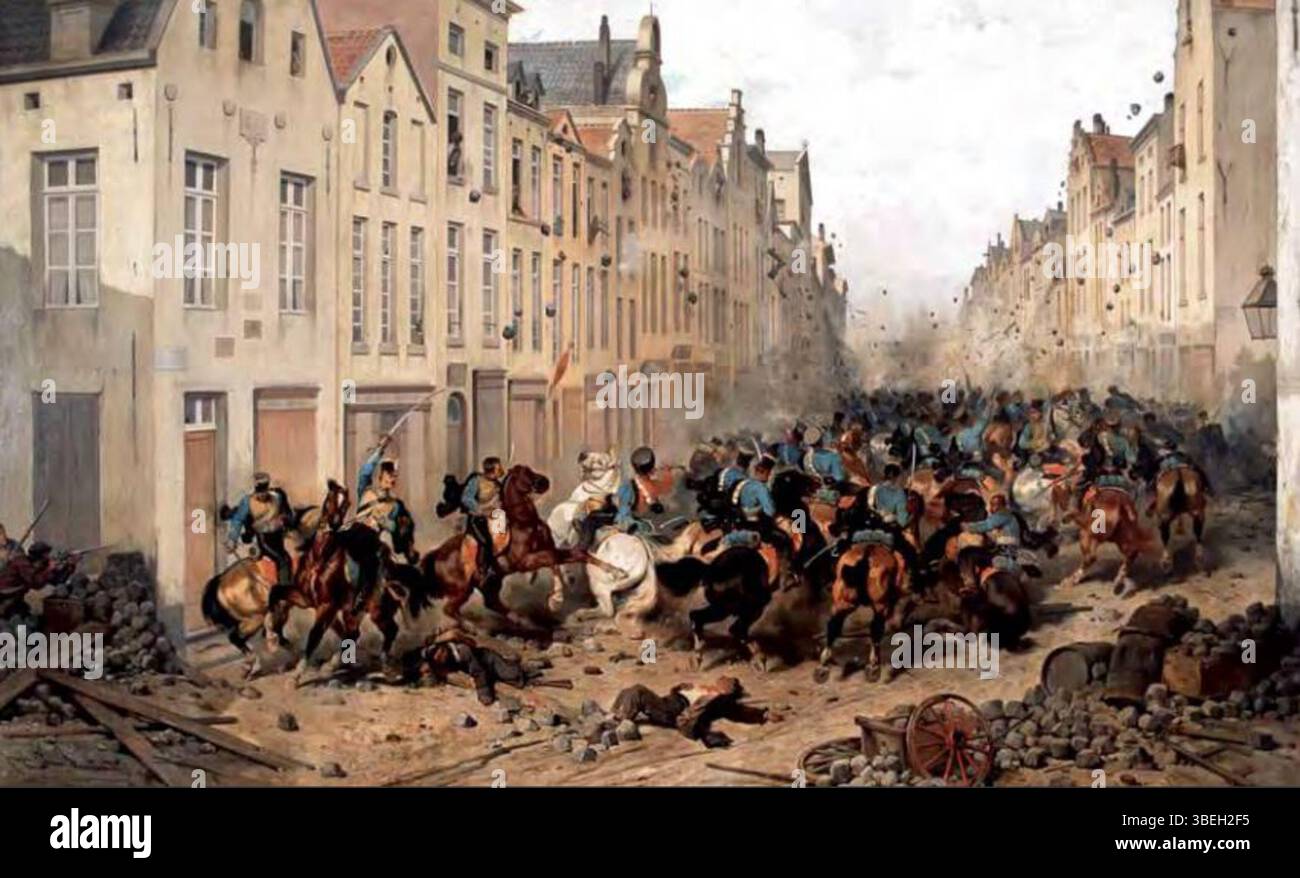 Dieses Gemälde von J. Van Severdonck aus dem 19. Jahrhundert zeigt den Rückzug der niederländischen Kavallerie entlang des Vlaamsesteenweges in Brüssel während der belgischen Revolution von 1830. Das Kunstwerk fängt einen militärischen Rückzug in einer städtischen Umgebung ein. Es ist Teil der Sammlung der Museen der Stadt Brüssel. Stockfoto