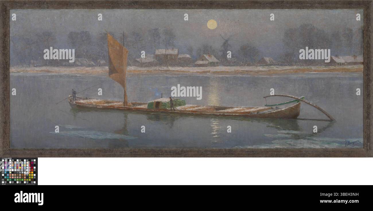 Georges Buysses Gemälde „Kanaal Gent-Terneuzen im Winter“ zeigt eine Winterszene des Gent-Terneuzen-Kanals. Das Werk fängt die ruhige Atmosphäre des gefrorenen Kanals ein und spiegelt die belgische Landschaft im Winter wider. Stockfoto