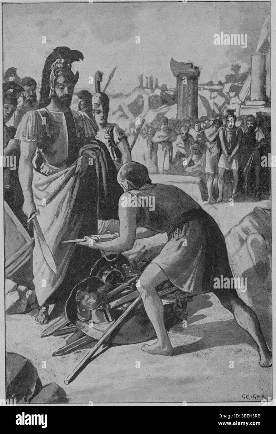 Diese Illustration von Richard Geiger (1870–1945) aus dem ungarischen Buch „A világ történelme“ von 1900 zeigt, wie sich die Heloten dem König Spartas ergeben. Sie spiegelt die soziale Hierarchie und Unterwerfung der Heloten im alten Sparta wider. Stockfoto