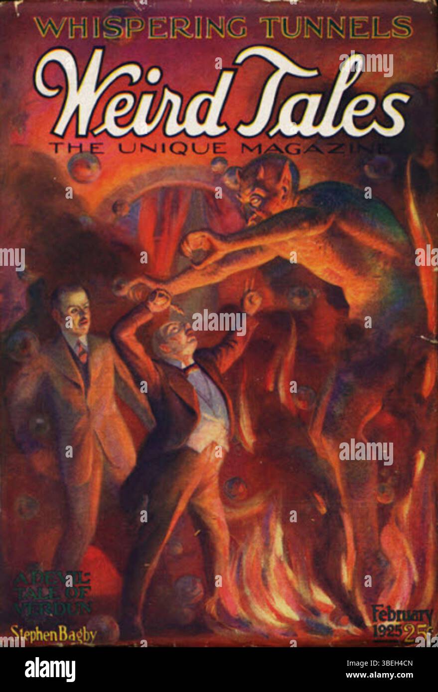 *Weird Tales* aus dem Februar 1925, veröffentlicht von Popular Fiction Publishing Co. Und Andrew Brosnatch, enthält eine Vielzahl von Fantasy- und Horrorgeschichten. Das Magazin war eine Schlüsselpublikation in der Zellstofffiktion des frühen 20. Jahrhunderts. Stockfoto