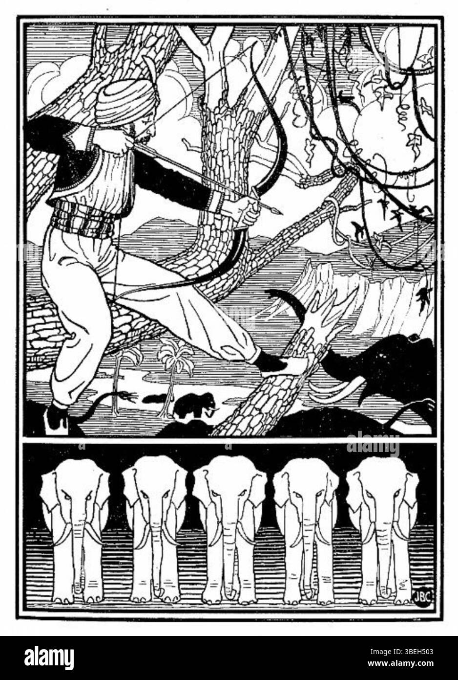The Archer ist ein Buch von Joseph Benwell Clark, das 1896 entstand. Er zeigt einen erfahrenen Bogenschützen in Aktion und unterstreicht Clarks Fokus auf Präzision und Action. Die Illustration ist Teil seiner Serie abenteuerlicher Buchbilder aus dem 19. Jahrhundert, die dynamische menschliche Figuren zeigen. Stockfoto