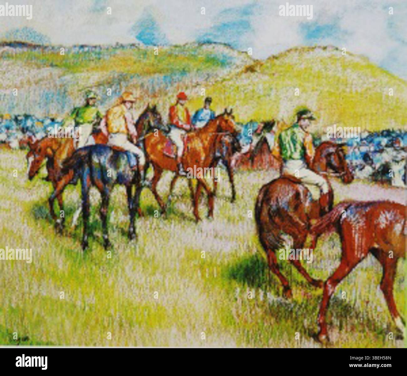 „Before the Race“ von Edgar Degas zeigt eine Gruppe von Jockeys, die sich auf ein Pferderennen vorbereiten. Das Gemälde spiegelt Degas' Faszination für Bewegung und die Dynamik des Wettkampfsports wider, insbesondere sein Interesse daran, Momente der Spannung vor der Handlung festzuhalten. Stockfoto