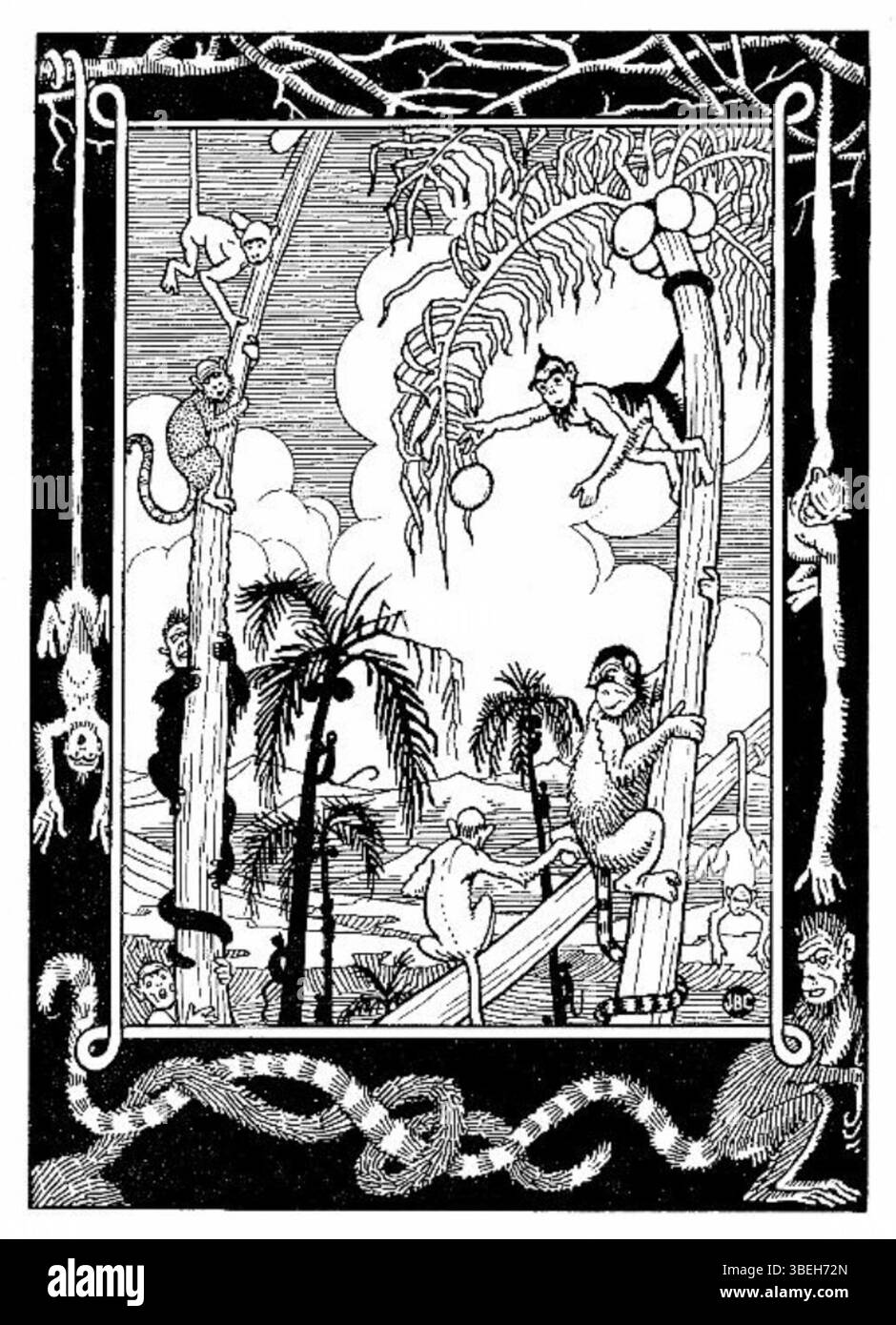 „The Monkeys“ ist eine Illustration, die 1896 von Joseph Benwell Clark erstellt wurde. Es zeigt eine lebendige Szene mit Affen, die Clarks Talent für die dynamische und naturalistische Darstellung von Tieren einfängt. Das Werk ist Teil von Clarks größerer Serie fantasievoller und detaillierter Buchillustrationen. Stockfoto