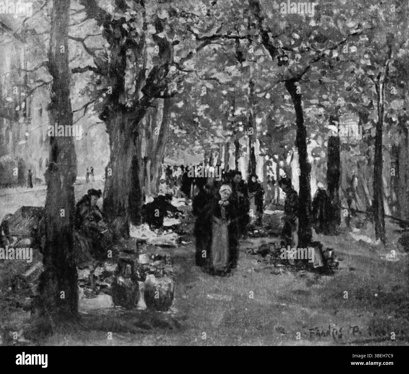 „Alter Markt unter den Bäumen“ von Francis Petrus Paulus ist ein Ölgemälde auf Leinwand, das der Künstler 1926 schuf. Das Kunstwerk zeigt die geschäftige Marktszene in Brügge im Schatten der Bäume und fängt das Wesen des Lebens in der Stadt des frühen 20. Jahrhunderts ein. Stockfoto