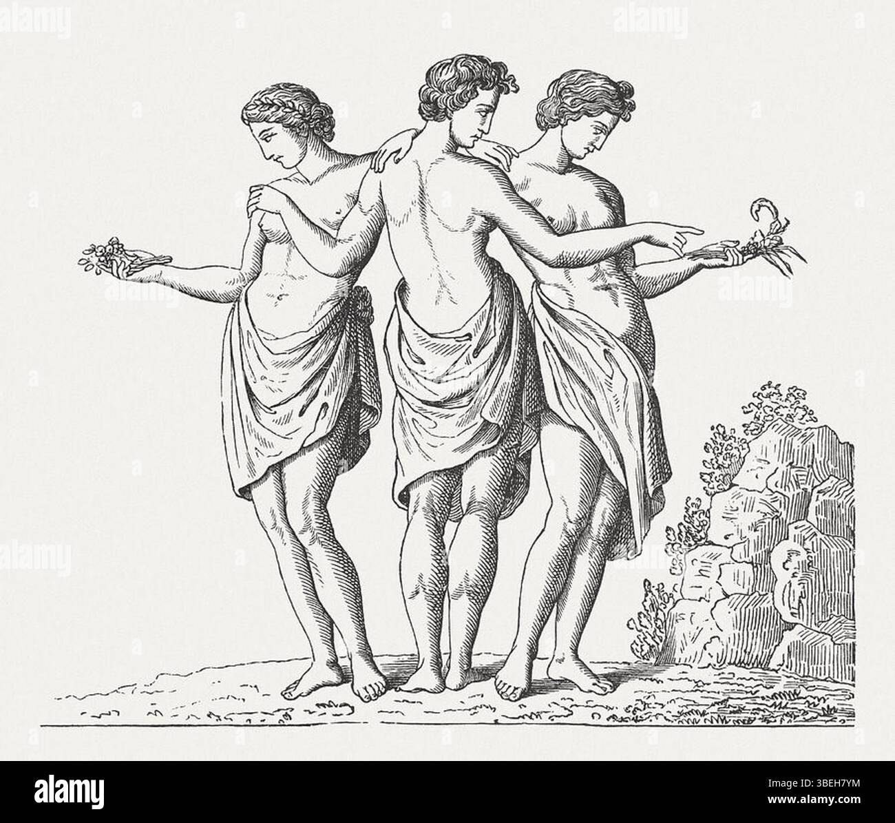 Dieser Holzstich aus dem Jahr 1878 zeigt die drei Gnaden, die griechischen Göttin der Schönheit, des Charmes und der Kreativität. Gemeinsam dargestellt, symbolisieren die Göttinnen verschiedene Aspekte von Schönheit und Anmut, die integraler Bestandteil der griechischen Kunst und Kultur sind. Ihre Darstellung in diesem Stich spiegelt ihre Rolle in der antiken Mythologie als Figuren idealisierter Weiblichkeit wider. Stockfoto