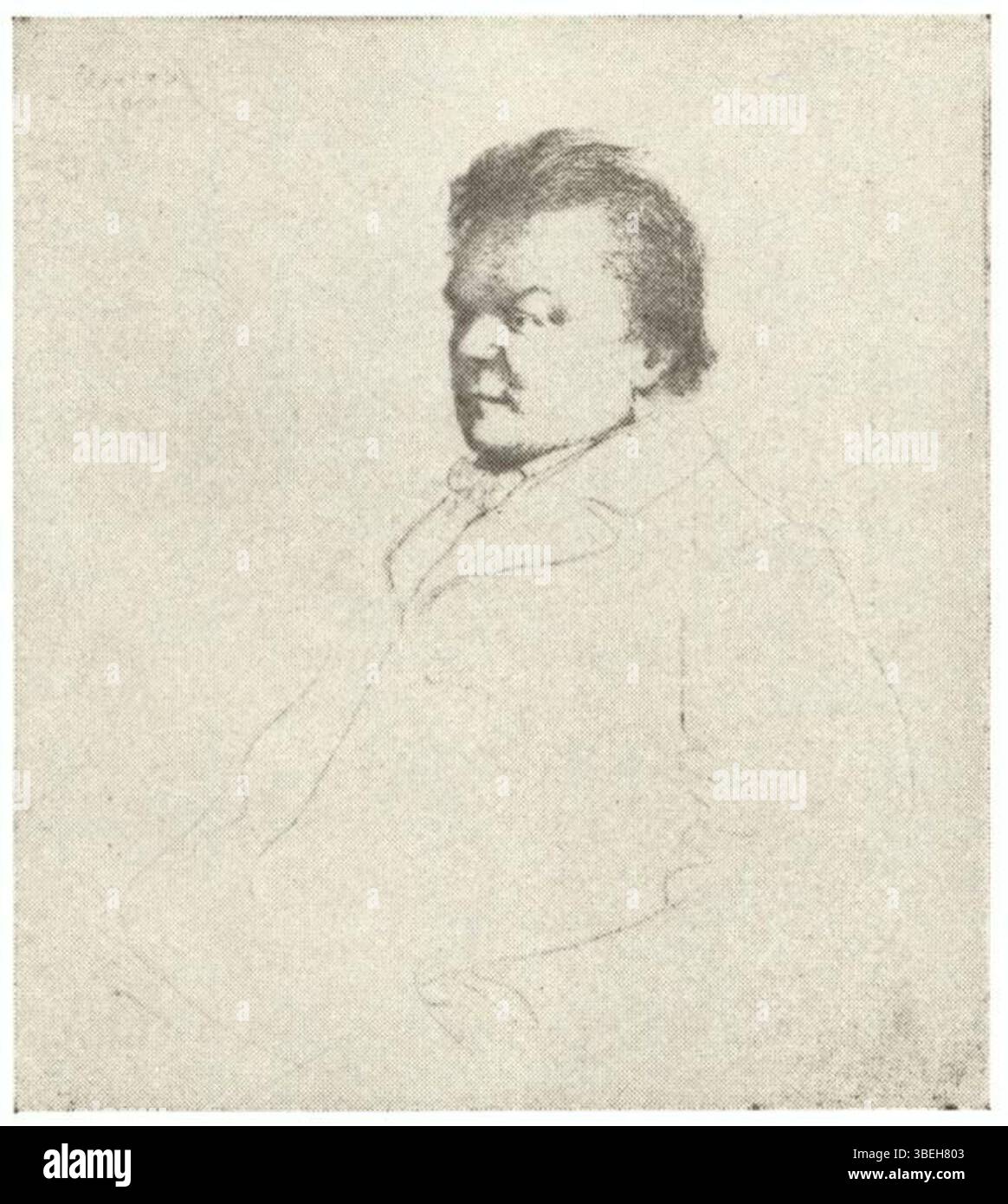 Diese 1910 fertiggestellte Radierung von Francis Petrus Paulus zeigt ein Porträt von Alfred Gilbert, R. A. das Werk ist in schwarzer Tinte auf cremeweißem Webpapier gedruckt und misst 1/8 x 7 Zoll. Es ist Teil der Sammlung des Detroit Institute of Arts. Stockfoto