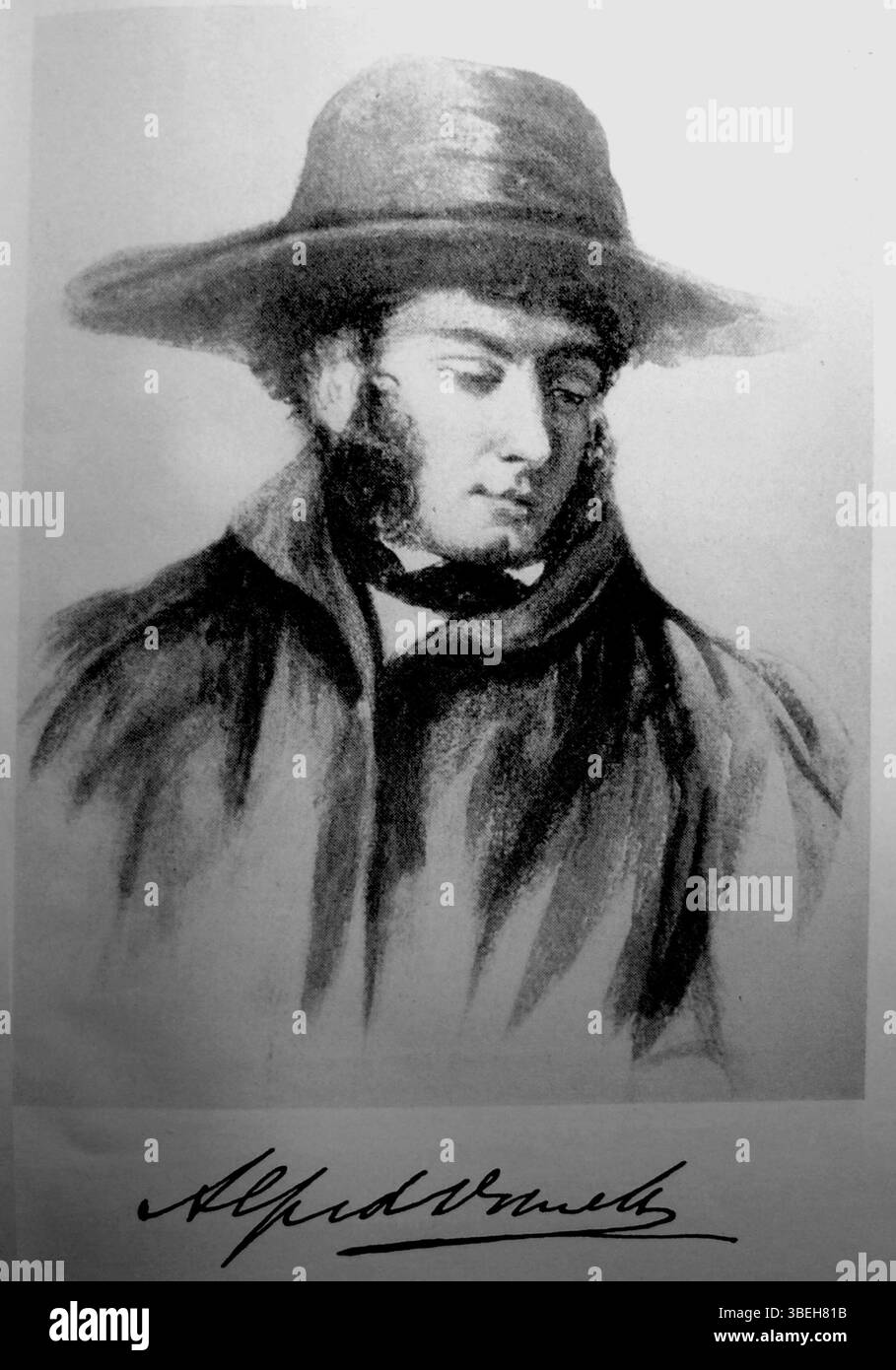 Diese Schwarzweiß-Reproduktion eines 1836 von George Lance stammenden Aquarells stellt Alfred Domett dar, einen neuseeländischen Dichter und Politiker. Das detailreiche Rendering fängt das Bild des Motivs in einem raffinierten Stil des 19. Jahrhunderts ein. Stockfoto