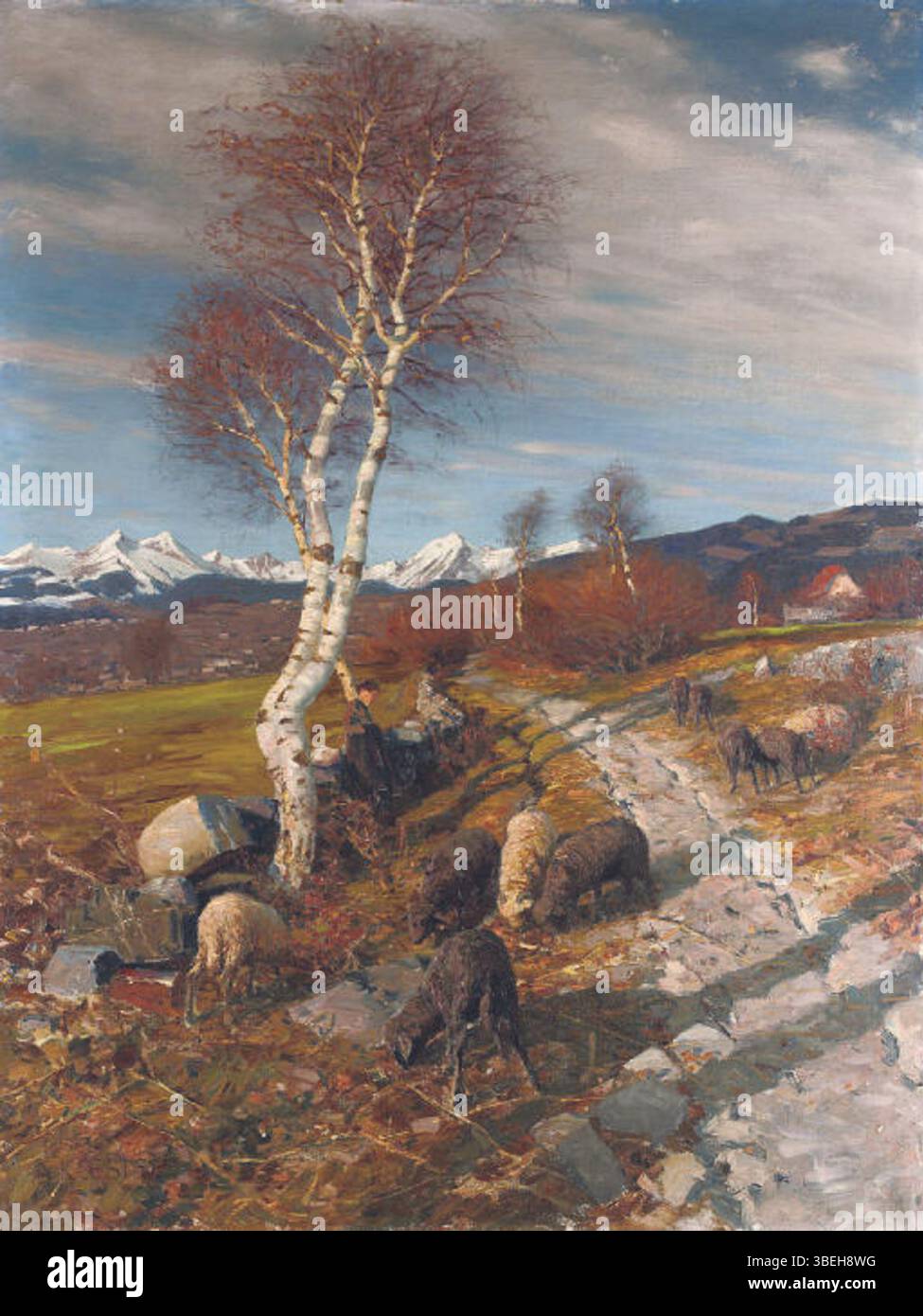 Dieses Gemälde von Alexander Koester zeigt eine Hirtin mit ihrer Herde in einer Pastoralszene. Koester ist bekannt für seine Landschaften und Darstellungen des ländlichen Lebens und fängt die Gelassenheit und Verbindung zwischen Mensch und Natur ein. Stockfoto