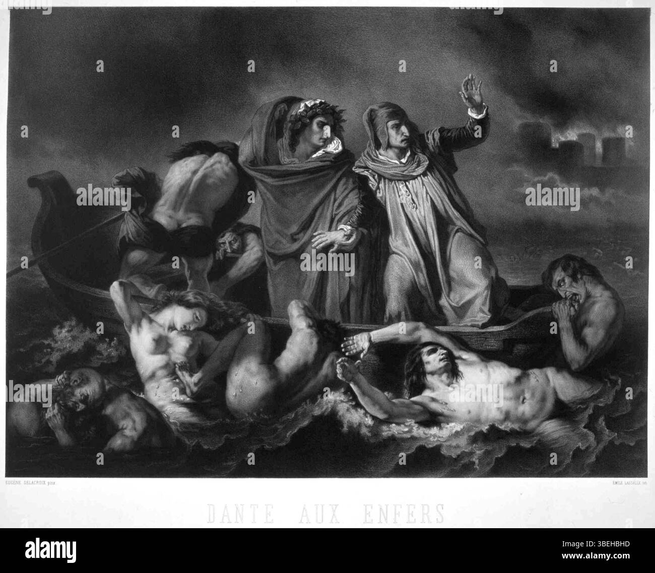 Das Bild zeigt Dante und Virgil, die in einem Boot durch die Hölle reisen, basierend auf dem Gemälde von Eugène Delacroix. Dieses Werk von Emile Lasalle fängt einen dramatischen Moment aus Dantes Göttlicher Komödie ein. Das Kunstwerk wurde Anfang des 19. Jahrhunderts gedruckt und befindet sich in den Sammlungen der Universitaire Bibliotheken Leiden. Stockfoto