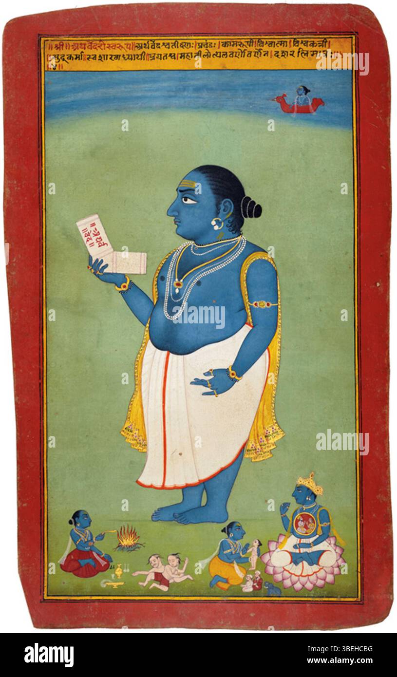 Dieses Porträt der Atharvaveda wurde um 1720 von einem Hofkünstler aus Mewar geschaffen. Das Bildmaterial ist eine Gouache auf Papier, die 38,1 x 23,6 cm (15 x 9,3 Zoll) misst. Es zeigt den Atharvaveda, einen Schlüsseltext der vedischen Traditionen. Das Gemälde spiegelt die künstlerischen Stile des Mewar-Hofes im frühen 18. Jahrhundert wider. Stockfoto
