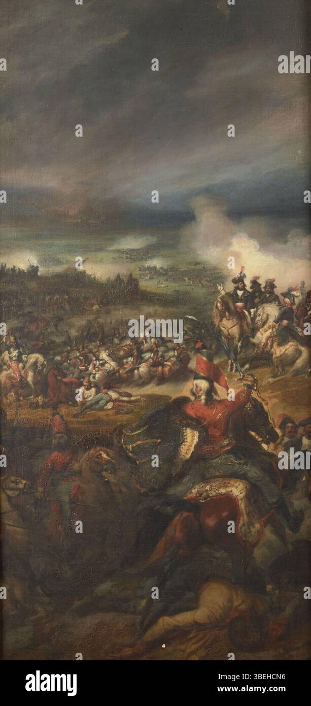 Dieses Gemälde von Auguste-Alexandre d’Espinassy zeigt die Schlacht von Arlon, die am 17. April 1794 während der Französischen Unabhängigkeitskriege stattfand. Das Kunstwerk fängt das Chaos und die Intensität des Kampfes zwischen französischen und österreichischen Streitkräften ein. Stockfoto