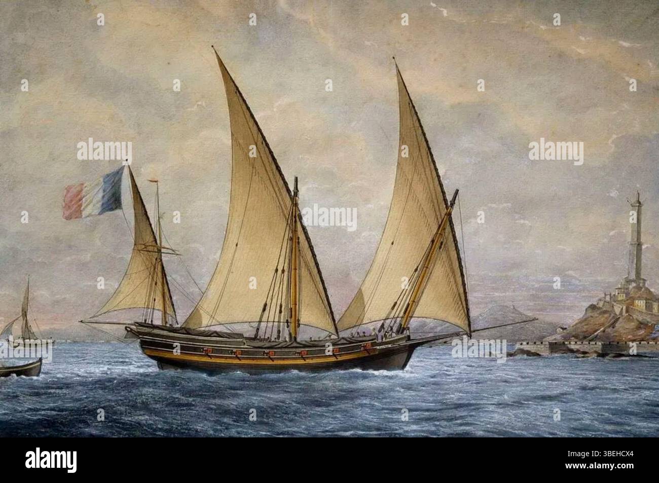 Dieses Aquarell von Nicolas Cammillieri zeigt die xebec „Our Lady of Mount Karmel“, die 1810 von Philip Caboara angeführt wurde. Die Szene zeigt die Eleganz der mediterranen Marineschiffe während des frühen 19. Jahrhunderts mit einem Schwerpunkt auf Schiffsdesign und maritimer Ästhetik. Stockfoto