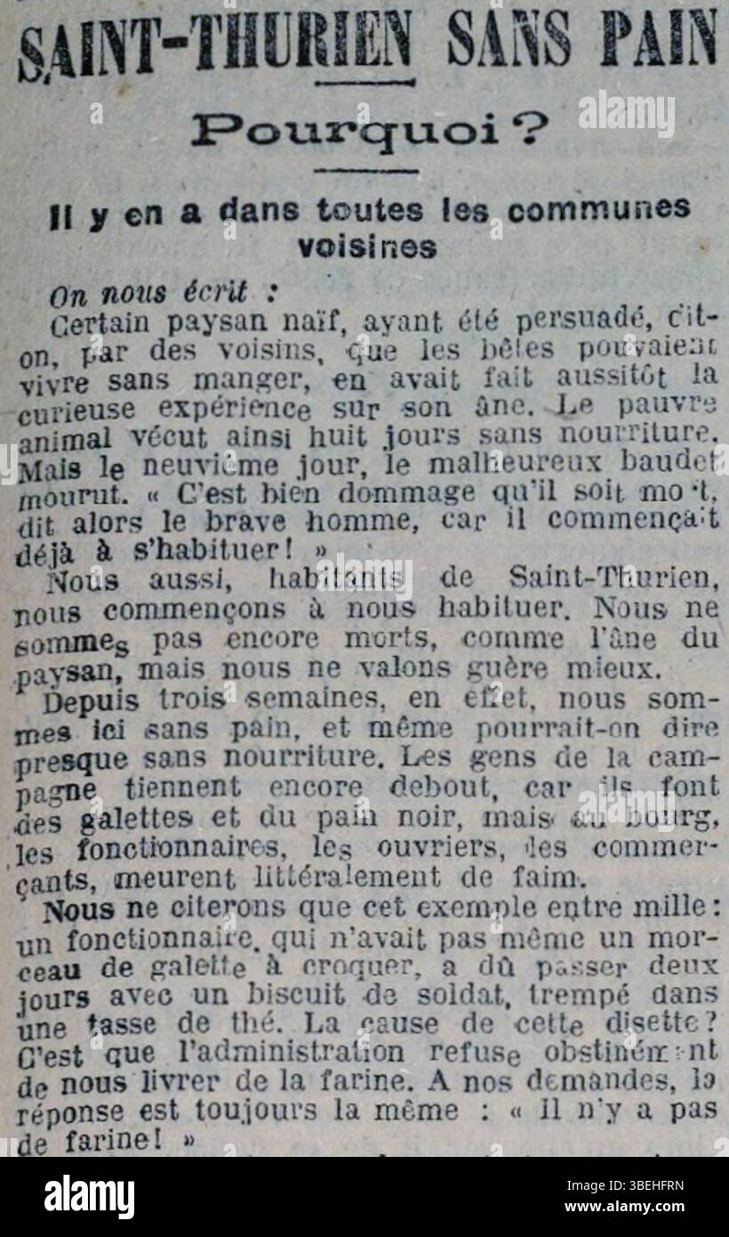 In diesem Auszug aus der Ausgabe der Zeitung La Dépêche de Brest vom 15. Februar 1918 wird die schwere Nahrungsmittelknappheit in Saint-Thurien während des Ersten Weltkriegs thematisiert und die Kämpfe der Gemeinde hervorgehoben. Stockfoto