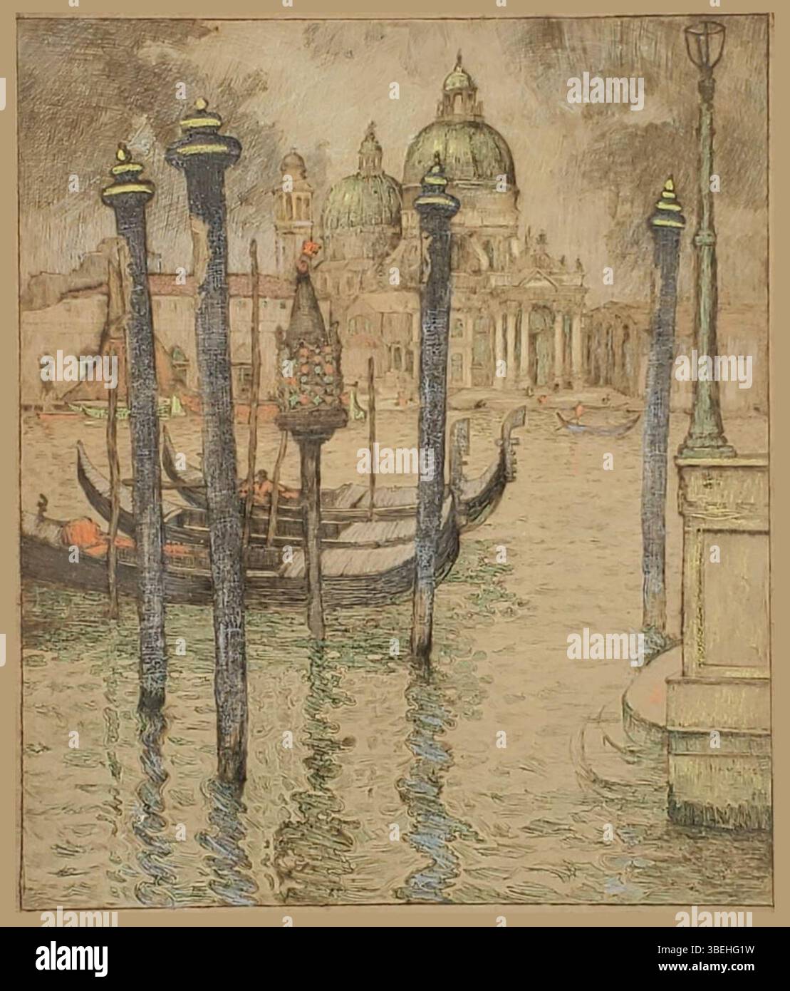 Eine handkolorierte Radierung von Francis Petrus Paulus, die die Kirche Santa Maria della Salute in Venedig darstellt. Die zwischen 1862 und 1919 entstandene Ätzung spiegelt die Pracht der venezianischen Architektur wider. Stockfoto