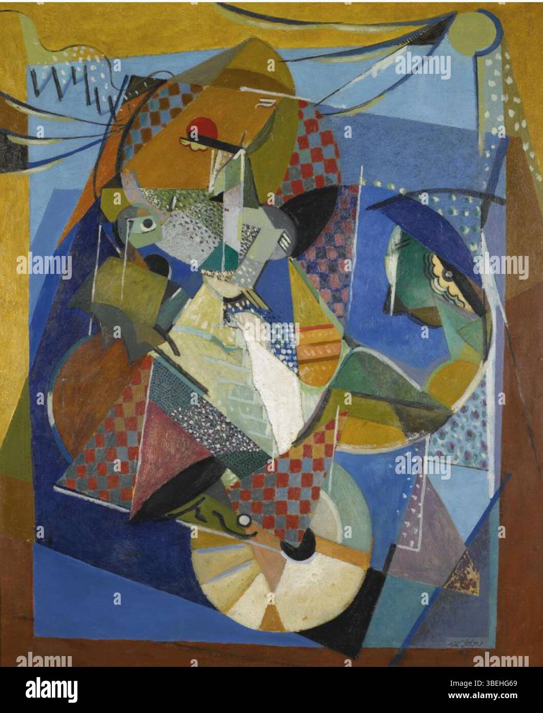 „VAUDEVILLE“ von Albert Gleizes spiegelt die lebendige, temporeiche Welt der Varieté-Unterhaltung wider. Das Stück dekonstruiert Figuren und Szenen aus der Varieté-Bühne in abstrakte Formen, wobei kubistische Techniken verwendet werden, um die Energie und Bewegung der Performance einzufangen. Stockfoto