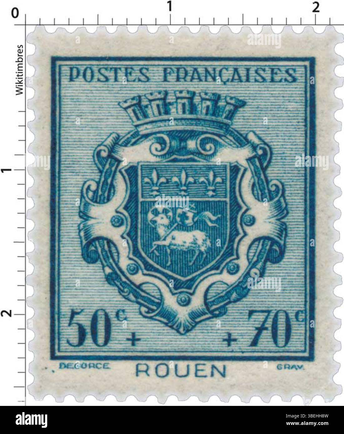 Diese 1941 von Georges Degorce (1894–1943) entworfene Marke trägt das Wappen von Rouen, Frankreich. Es handelt sich um ein historisches Stück aus der Zeit des Zweiten Weltkriegs, das die französische Heraldik zeigt. Stockfoto