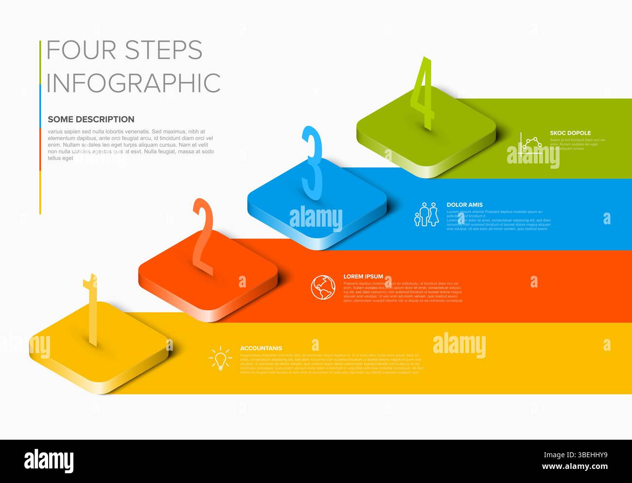 Moderne horizontale Infografik-Vorlage in vier Schritten für Geschäftspräsentationen oder Optionen. Verwenden Sie diese vierstufige Infografik, um den Fortschritt zu veranschaulichen Stock Vektor