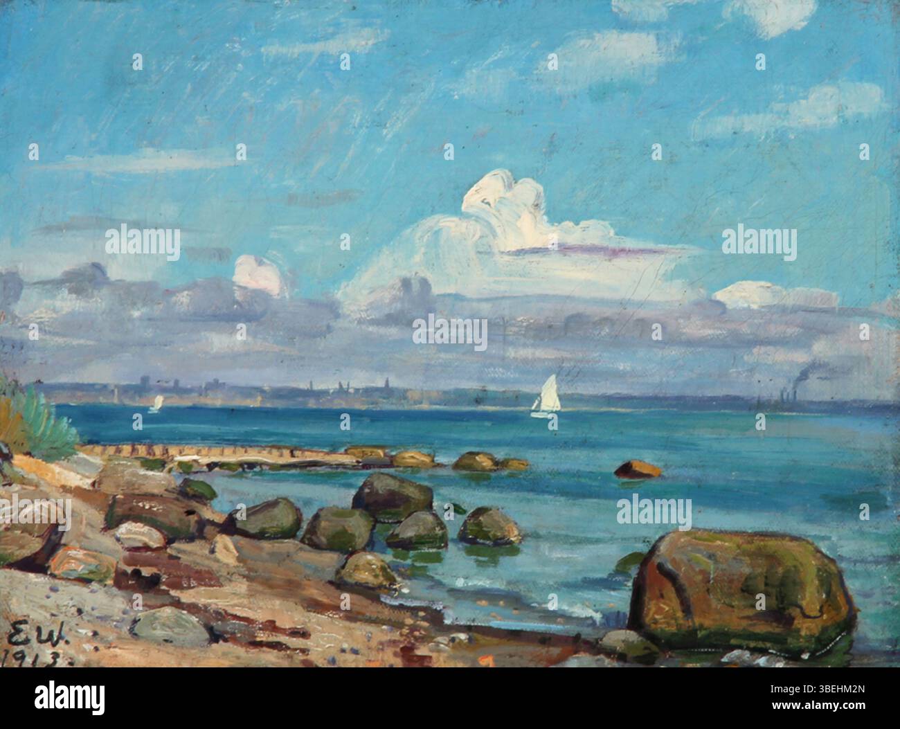 In diesem Gemälde von Lili Elbe aus dem Jahr 1913, das noch als Einar Mogens Wegener bekannt war, wird eine malerische Fjordansicht von Vejle dargestellt, die ihre einzigartige künstlerische Vision widerspiegelt. Stockfoto