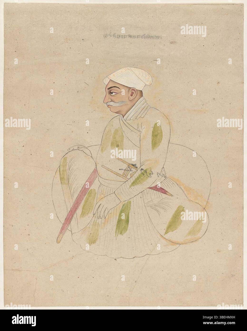 Dieses Gemälde von Purkhu von Kangra aus dem Jahr 1825 zeigt Mian Gopal Singh aus Guler, eine historische Figur aus den Punjab Hills. Das Kunstwerk zeigt ihn an einem Polster, das traditionelle indische Porträts zeigt. Das Gemälde ist mit Tinte und undurchsichtigem Aquarell auf Papier gefertigt und ist Teil der Sammlung Museum of Fine Arts, Boston. Stockfoto