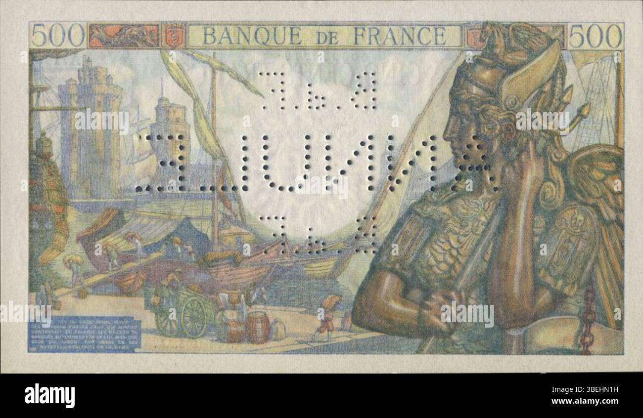 Diese 1943 französische 500-Franc-Banknote mit Colbert ist nicht im Umlauf und wird von der Banque de France gestrichen. Die Rückseite wurde von Lucien Jonas (1880–1947) entworfen. Stockfoto