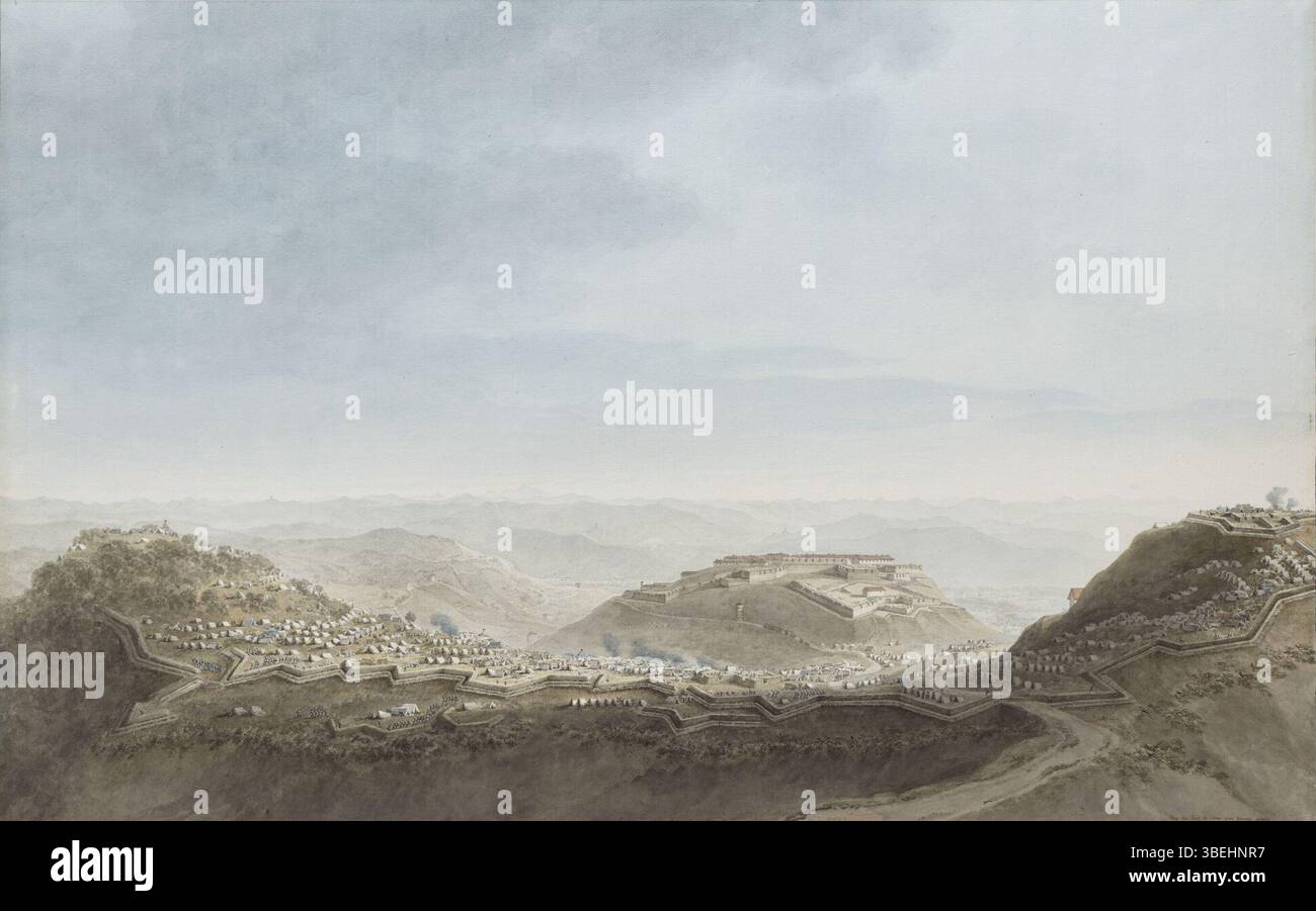 Diese historische Szene von Giuseppe Pietro Bagetti, die zwischen 1802 und 1806 gemalt wurde, zeigt die Evakuierung des piemontesischen Lagers im Fort Ceva am 16. April 1796 während der Französischen Unabhängigkeitskriege. Das Stück liefert eine visuelle Aufzeichnung eines militärischen Schlüsselereignisses. Stockfoto