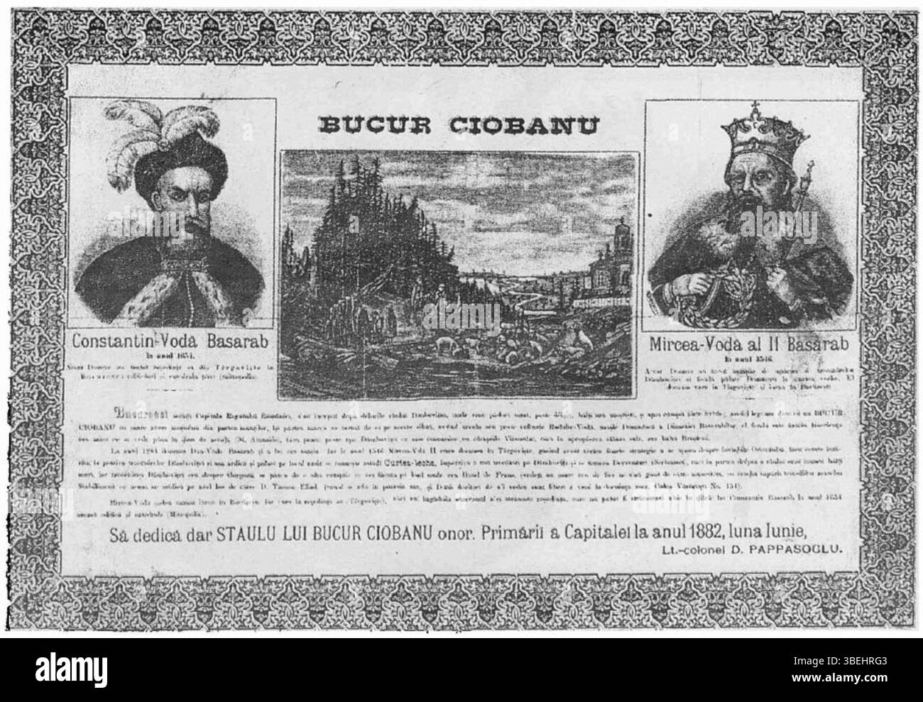 Diese Lithografie von Dimitrie Papazoglu aus dem 19. Jahrhundert stellt Bucur Ciobanu dar, eine wichtige Figur in der rumänischen Geschichte. Das Stück veranschaulicht den traditionellen Stil der Lithographie, der in dieser Zeit verwendet wurde. Stockfoto