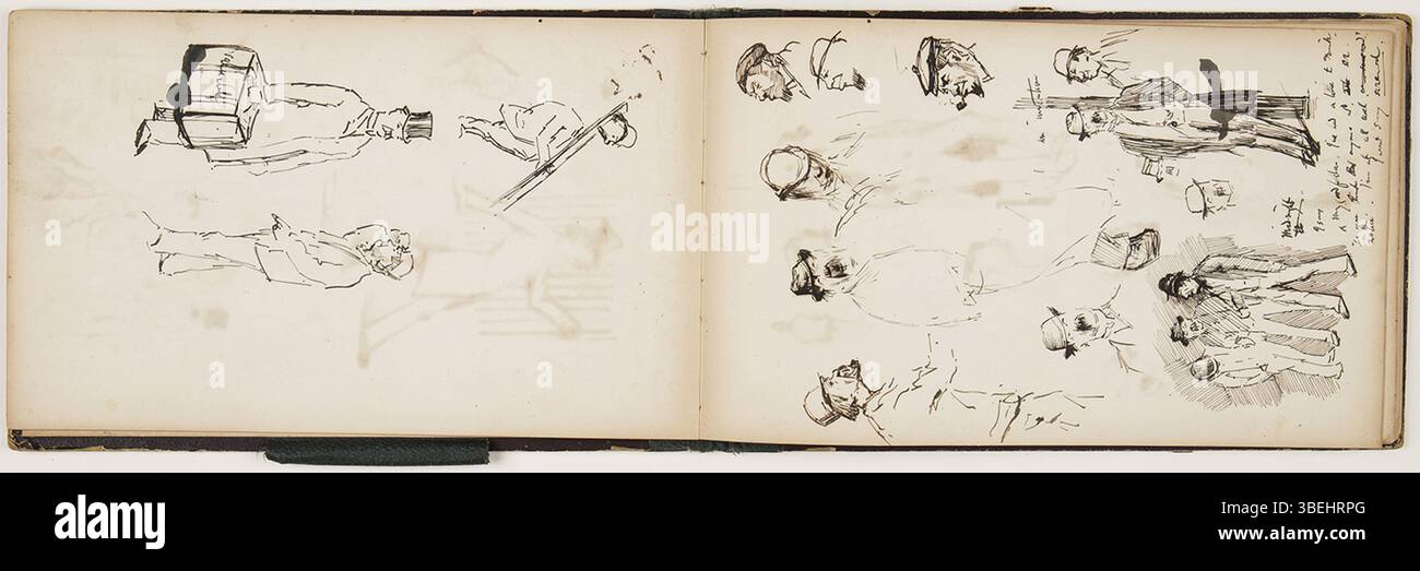 Horace Mann Livens’ Skizzenbuch von 1892 enthält 28 Seiten mit Figuren-, Charakter- und Fachstudien in Stift, Tinte und Bleistift. Das vom 28. August 1892 datierte und mit einer Widmung an seine Frau Gertrude unterzeichnete Skizzenbuch erforscht die menschliche Form und den Charakter. Die Bindung ist beschädigt, kann aber repariert werden, und das Skizzenbuch ist ein wertvoller künstlerischer Nachweis aus Livens' Karriere. Stockfoto