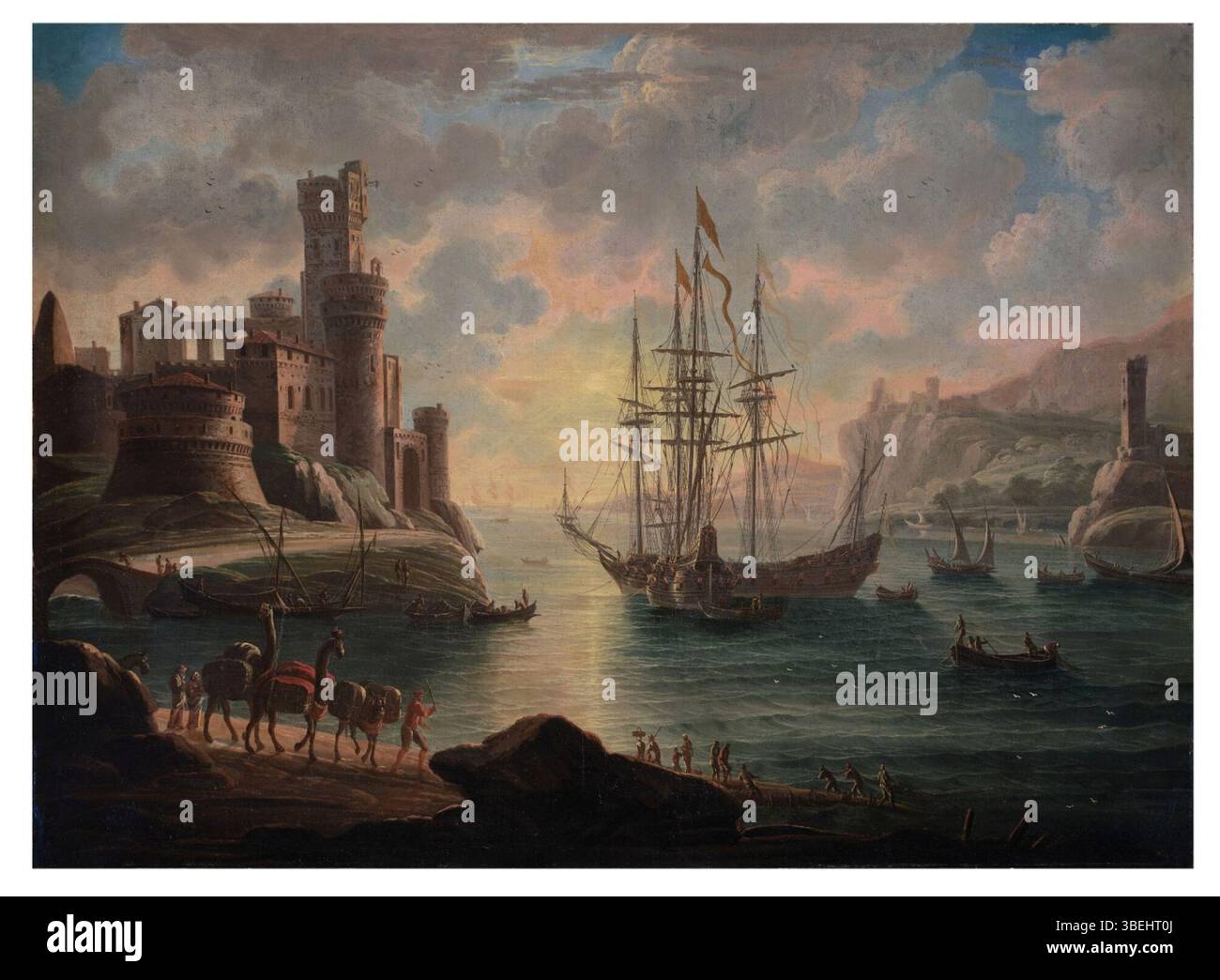 Dieses Gemälde von Giovanni Grevenbroeck zeigt eine geschäftige Hafenszene mit Schiffen, die in der Nähe einer Stadt mit einer Kamelkarawane im Vordergrund angedockt sind. Die Komposition bietet eine lebendige Darstellung des Lebens in einem historischen Handelszentrum. Stockfoto