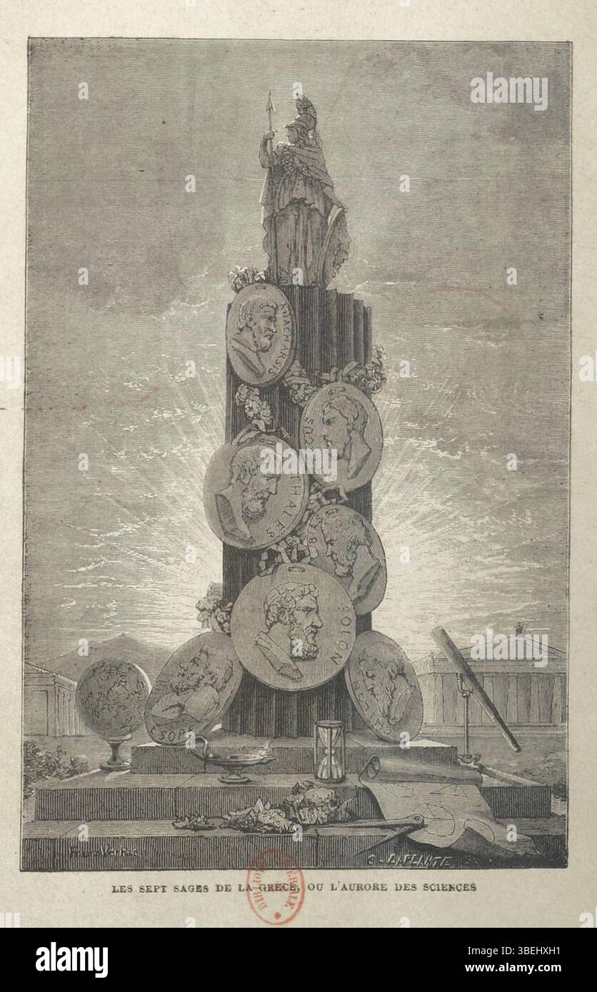 Gravur der Sieben Weisen Griechenlands, einschließlich Aesop, von Charles Laplante, veröffentlicht 1866 als Frontispiece von „Vies des Savants Illustres“ von Louis Figuier. Stockfoto