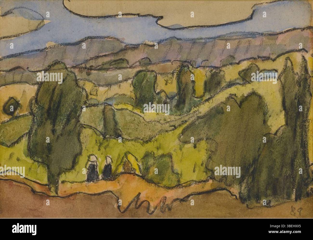 Emile Bernards „Landschaft um Pont Aven“ zeigt die landschaftliche Schönheit der Region in Frankreich, in seinem unverwechselbaren postimpressionistischen Stil mit kräftigen Farben und vereinfachten Formen. Stockfoto