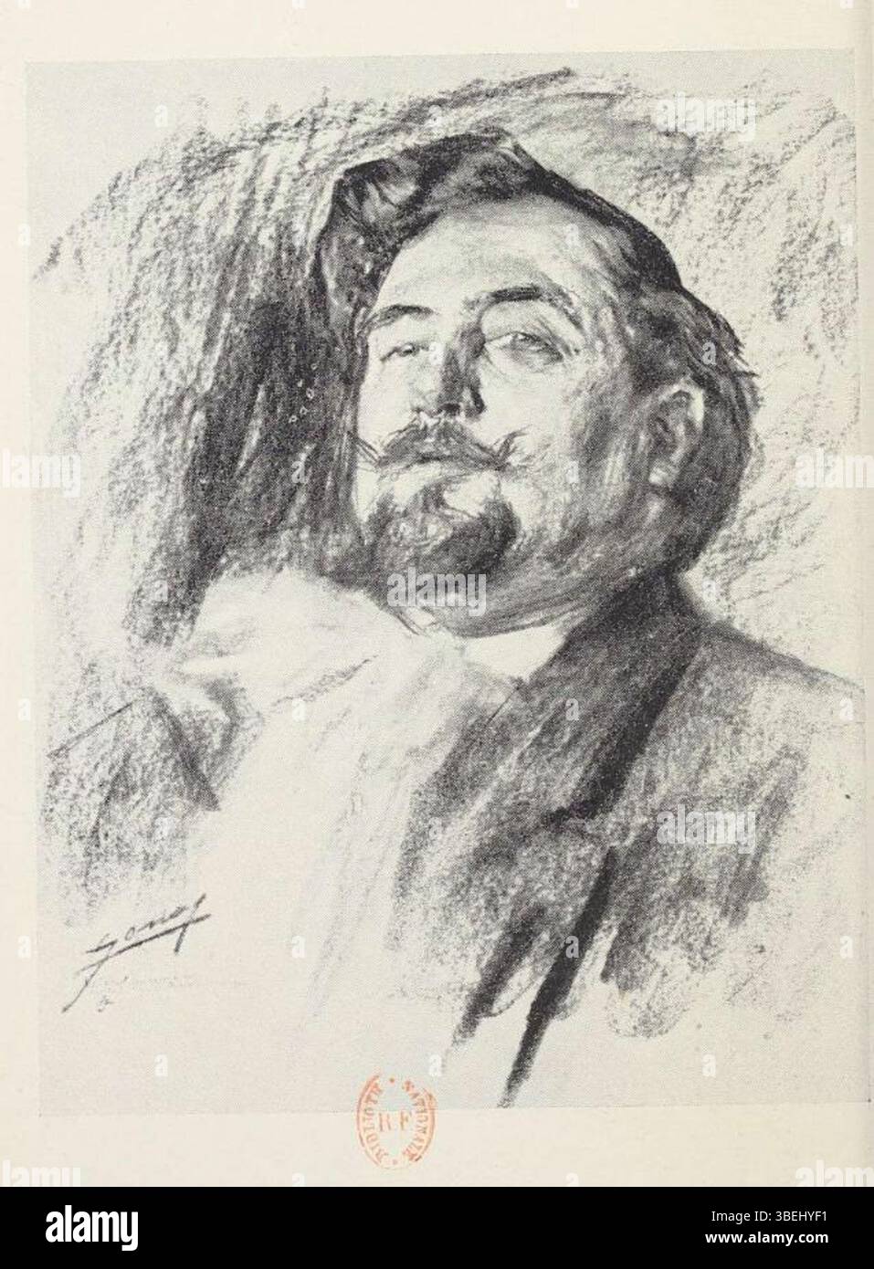 Lucien Jonas (1880–1947) schuf das Frontispiece für Anatole Belval-Delahaye, gedruckt in *La Chanson du Bronze* (1911). Diese Illustration zeigt eine detaillierte, ausdrucksstarke Darstellung der Figur und zeigt Jonas unverwechselbaren grafischen Stil. Stockfoto