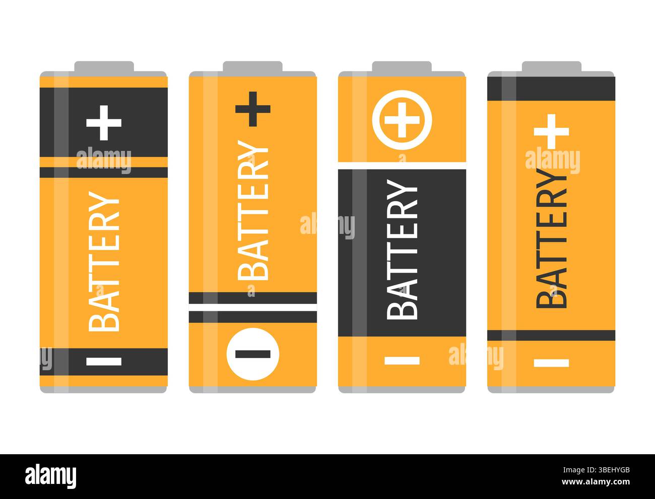 Ein Satz mit vier gelben Batterien. Vektorabbildung Stock Vektor