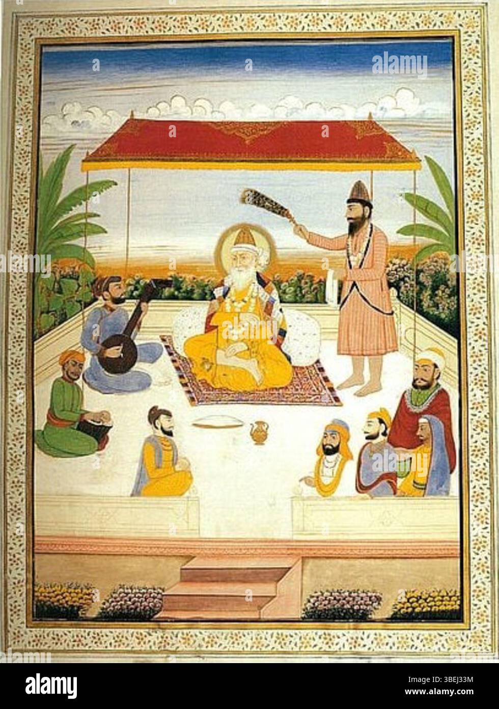 Dieses Gemälde aus dem 19. Jahrhundert zeigt Guru Nanak mit dem Gesang von Bhai Mardana. Das undurchsichtige Aquarell auf Papier, das aus der Punjab-Ebene (möglicherweise Patiala) stammt, fängt das Wesen ihrer musikalischen Hingabe und spirituellen Bindung ein. Es ist eine bedeutende Darstellung der beiden Sikh-Figuren, die sich mit Kirtan, einer Kernpraxis des Sikhismus, beschäftigen. Stockfoto