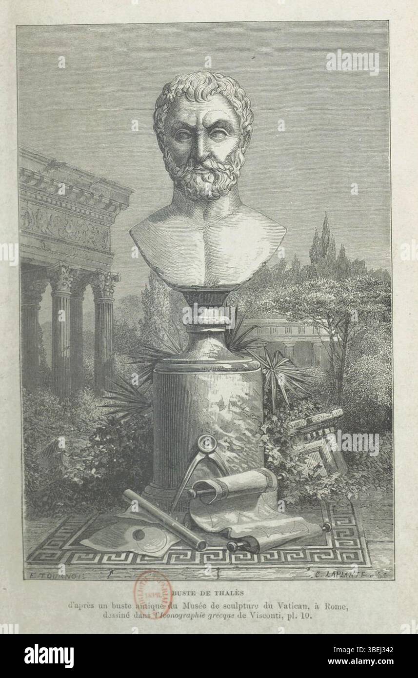 Stich von Thales von Milet von Charles Laplante, basierend auf einer Vatikanischen Büste, veröffentlicht in Vies des Savants Illustres von Louis Figuier im Jahr 1866. Stockfoto