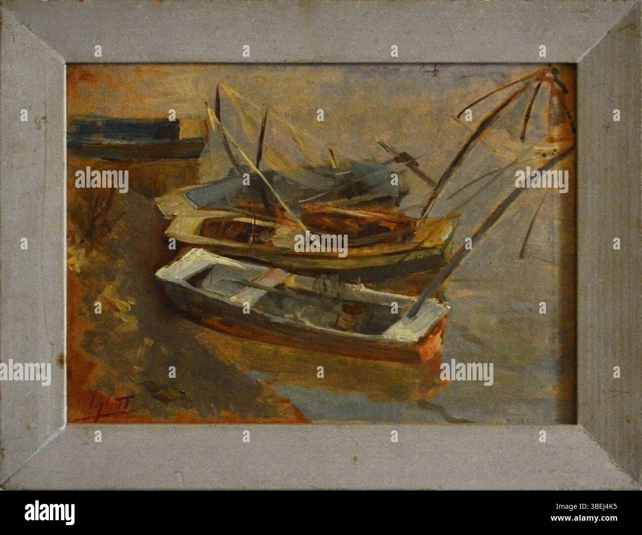 „Tenderboote“ von Anton Inglott (1930–1945) zeigt kleine Boote auf dem Wasser. Dieses Ölgemälde an Bord misst 31x22cm und unterstreicht Inglotts Fähigkeit, die Gelassenheit der Meeresszenen und seine Aufmerksamkeit für Licht und Reflexion auf dem Wasser einzufangen. Stockfoto