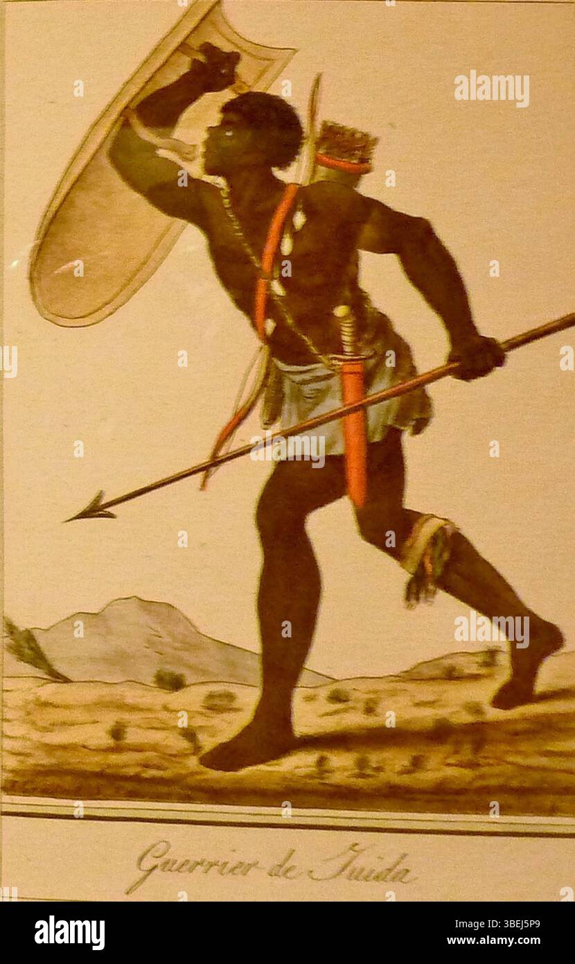 Porträt eines Kriegers aus Ouidah von Jacques Grasset de Saint-Sauveur, datiert Ende des 18. Jahrhunderts. Das Kunstwerk zeigt eine prominente Figur aus der afrikanischen Region Ouidah, die kulturelle und historische Verbindungen zwischen Afrika und Europa während der Kolonialzeit repräsentiert. Stockfoto