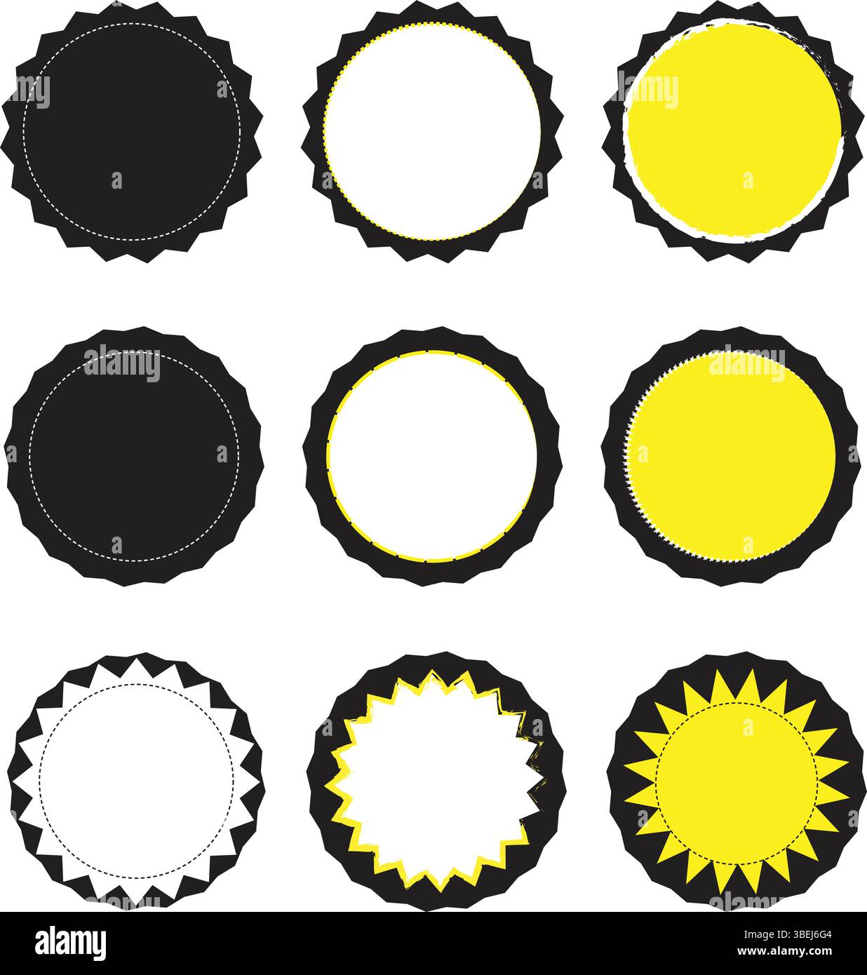Leere Starburst-Abzeichen-Vorlagen Runde Sunburst-Etiketten in Schwarz, weiß und Gelb für Werbeaktionen und Branding Stock Vektor